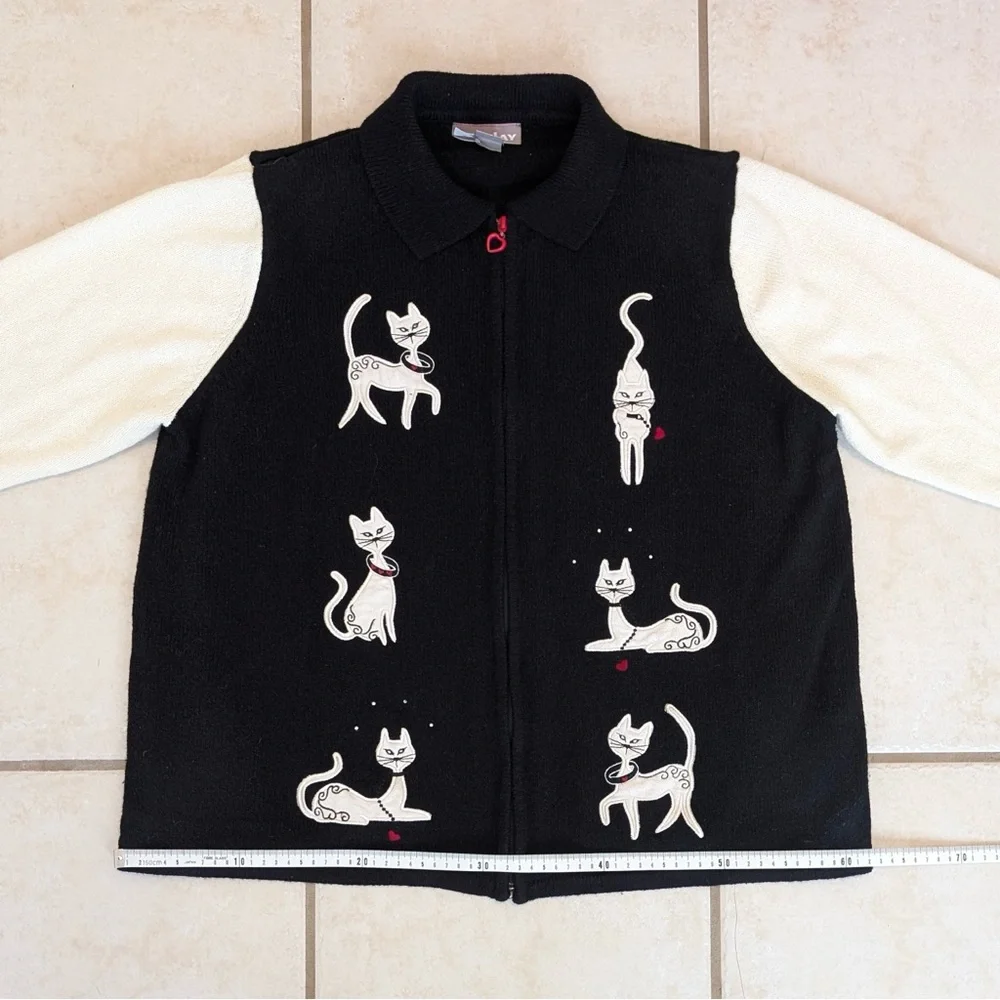 90s Vintage Tanjay Cat Grandma Sweater Size XL Heart Shaped Zipper Black & White - Picture 8 of 16